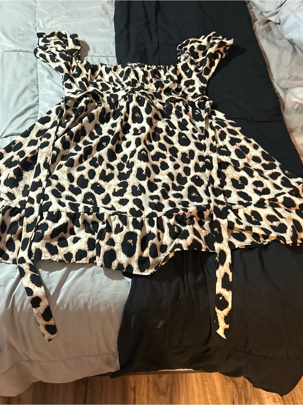 Leopard Print Mini Dress - Black & Cream Tie-Waist